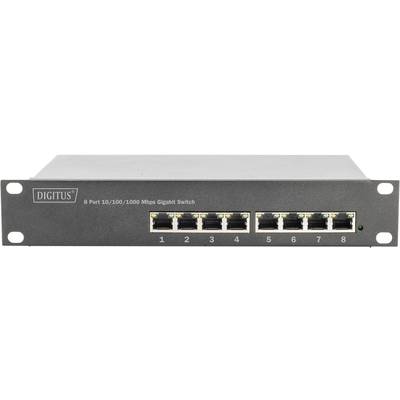 Ein 8-Port Gigabit-Switch mit Ethernet-Anschlüssen, geeignet für Datenübertragungen von 10/100/1000 Mbps, Modell von Digitus.