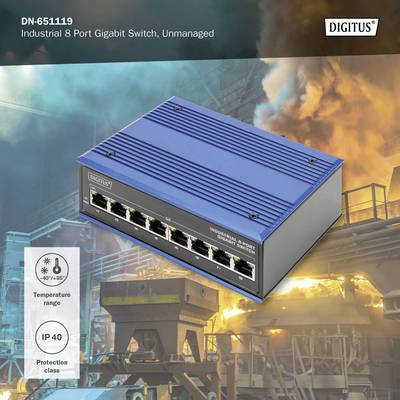 'Industrieller 8-Port Gigabit Switch, unmanaged' von Digitus. Robustes blaues Gehäuse, geeignet für Temperaturen von -40°C bis +85°C, Schutzart IP40. Hintergrund zeigt industrielle Umgebung mit Rauch.