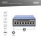 'Industrial 8 Port Gigabit Switch' mit acht Ethernet-Ports und Statusanzeige. Enthält Symbole für Überspannungs- und Kurzschlussschutz.