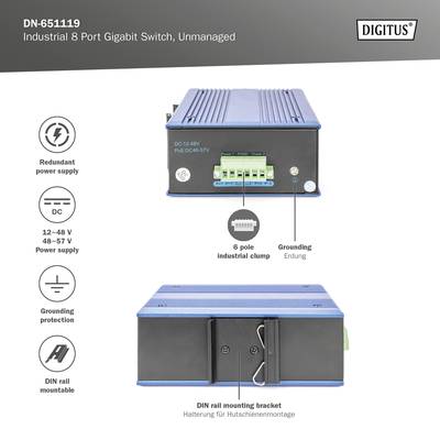Industrieller 8-Port-Gigabit-Switch von Digitus, Modell DN-651119, unverwaltet, unterstützt redundante Stromversorgung und DIN-Schienenmontage.