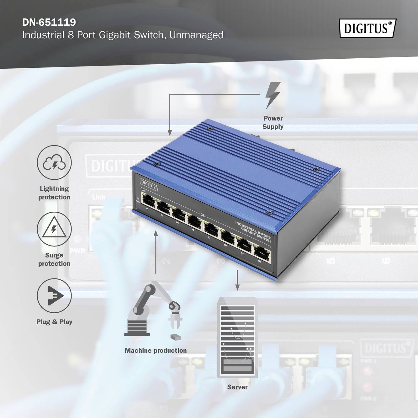 Industrieller 8-Port Gigabit-Switch. Funktionen: Blitzschutz, Überspannungsschutz, Maschinen- und Netzwerkkabelanschluss.