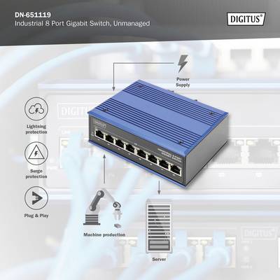 Industrieller 8-Port Gigabit-Switch. Funktionen: Blitzschutz, Überspannungsschutz, Maschinen- und Netzwerkkabelanschluss.
