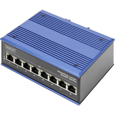 Ein blauer 8-Port-Gigabit-Switch mit Ethernet-Anschlüssen vorne. Ideal für industrielle Netzwerkanwendungen.
