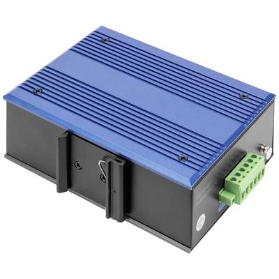 Blaues, rechteckiges Industriegerät mit schwarzer Basis und grünen Anschlüssen, montierbar, zur Steuerung oder Kommunikationstechnik.
