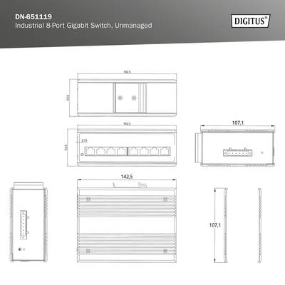 'Technische Zeichnung eines industriellen 8-Port Gigabit Switch, unverwaltet, Modell DN-651119, mit Maßen in Millimetern.'