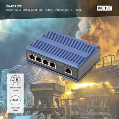 Industrieller 4-Port Gigabit PoE Switch vor einer Fabrikszene mit Rauch und Feuerflammen im Hintergrund, Produkt von 'Digitus'.