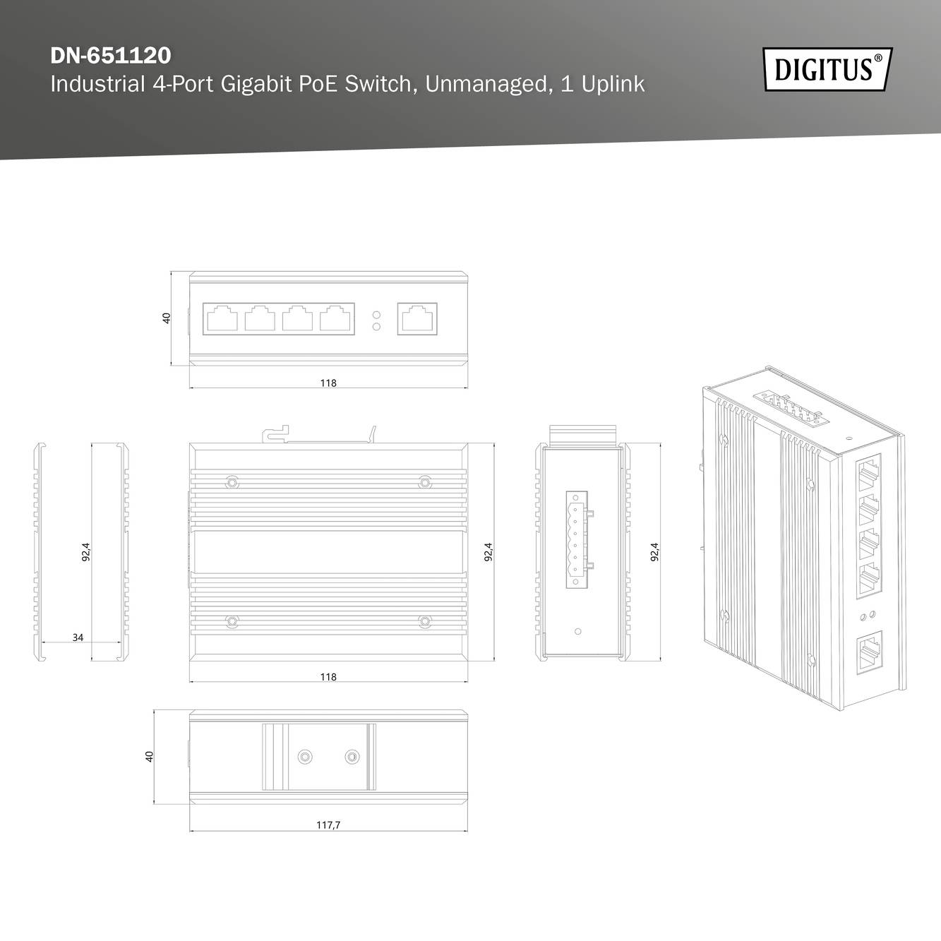 Technische Zeichnung eines 4-Port Gigabit PoE Switches mit 1 Uplink; zeigt Front-, Seiten- und Draufsicht mit Abmessungen in mm.