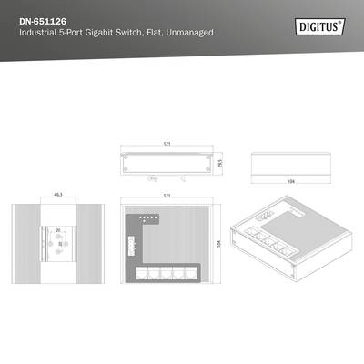 'Industrieller 5-Port Gigabit Switch, Flat, Unmanaged' von Digitus. Technische Zeichnung mit Maßen der Vorder-, Seiten- und Oberansicht.