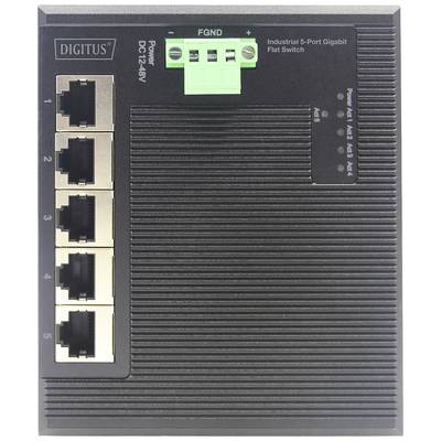 'Industrieller 5-Port Gigabit Flachschalter' mit fünf Ethernet-Ports und grüner Stromversorgungsanschlussleiste auf schwarzem Gehäuse.