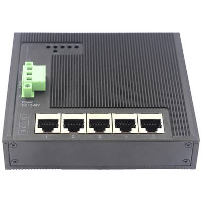 Ein Netzwerk-Switch mit fünf Ethernet-Ports und einem grünen Anschluss für Stromversorgung, gekennzeichnet mit 'Power DC 12-48V'.