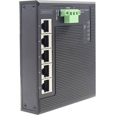 Der Industrie-Ethernet-Switch zeigt sechs RJ45-Ports und einen grünen Anschlussblock. Robust, für professionelle Netzwerkinstallationen.