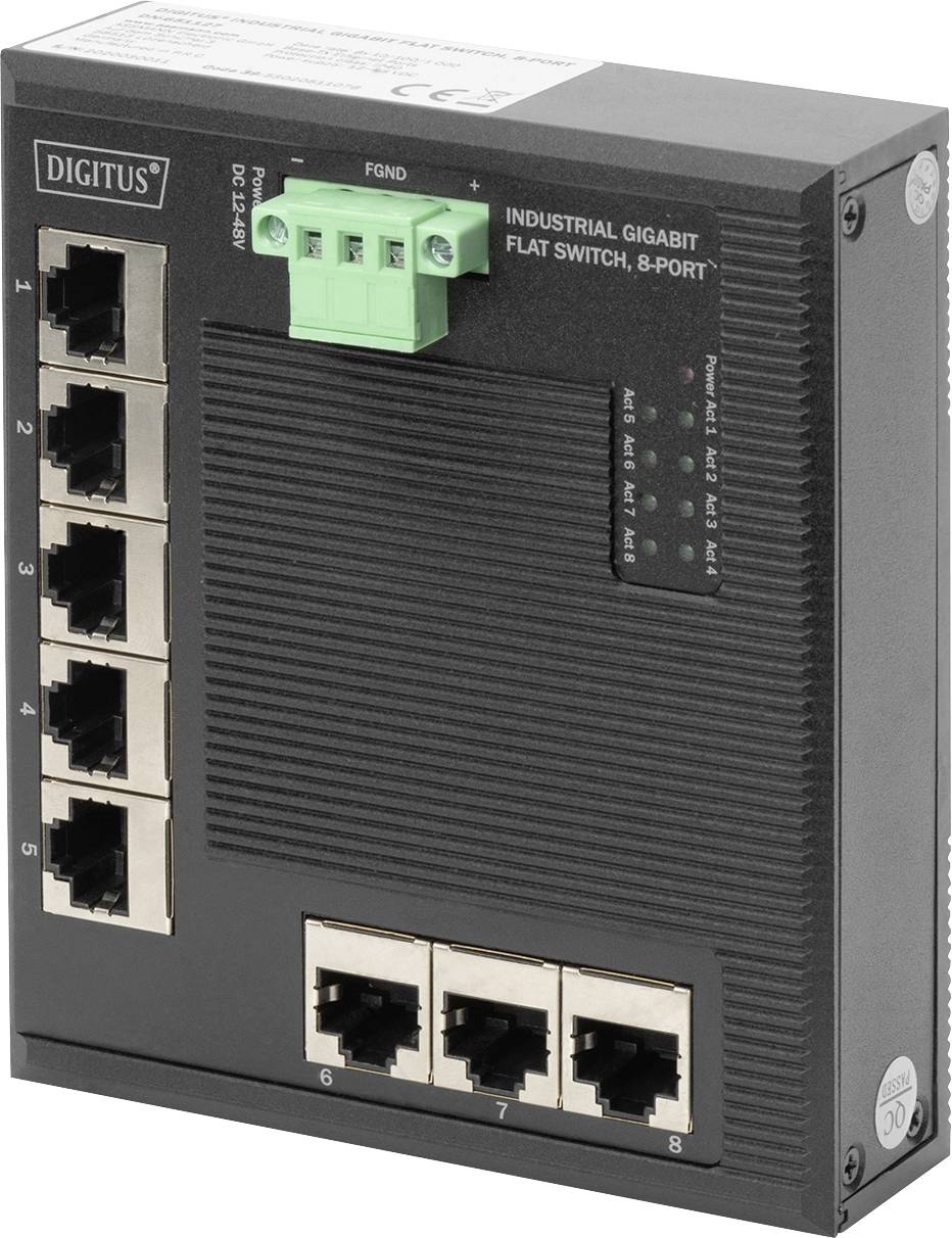 Ein schwarzer, industrieller Gigabit-Netzwerk-Switch mit acht Ethernet-Ports für kabelgebundene Netzwerkverbindungen.