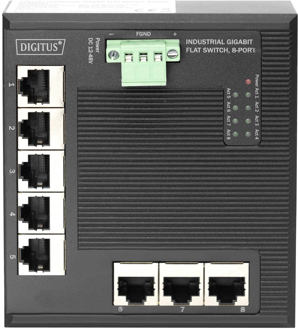 '8-Port Industrial Gigabit Flat Switch' mit acht Ethernet-Ports und Kontrollleuchten zur Anzeige von Status und Stromversorgung.