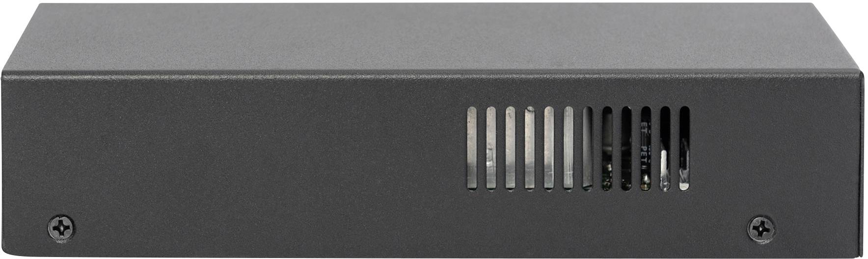 Schwarze Netzwerkwarte mit Lüftungsschlitzen auf der Vorderseite.