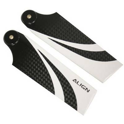 Zwei schwarz-weiße Hubschrauber-Rotorblätter mit Karbonmuster und der Aufschrift 'ALIGN'.