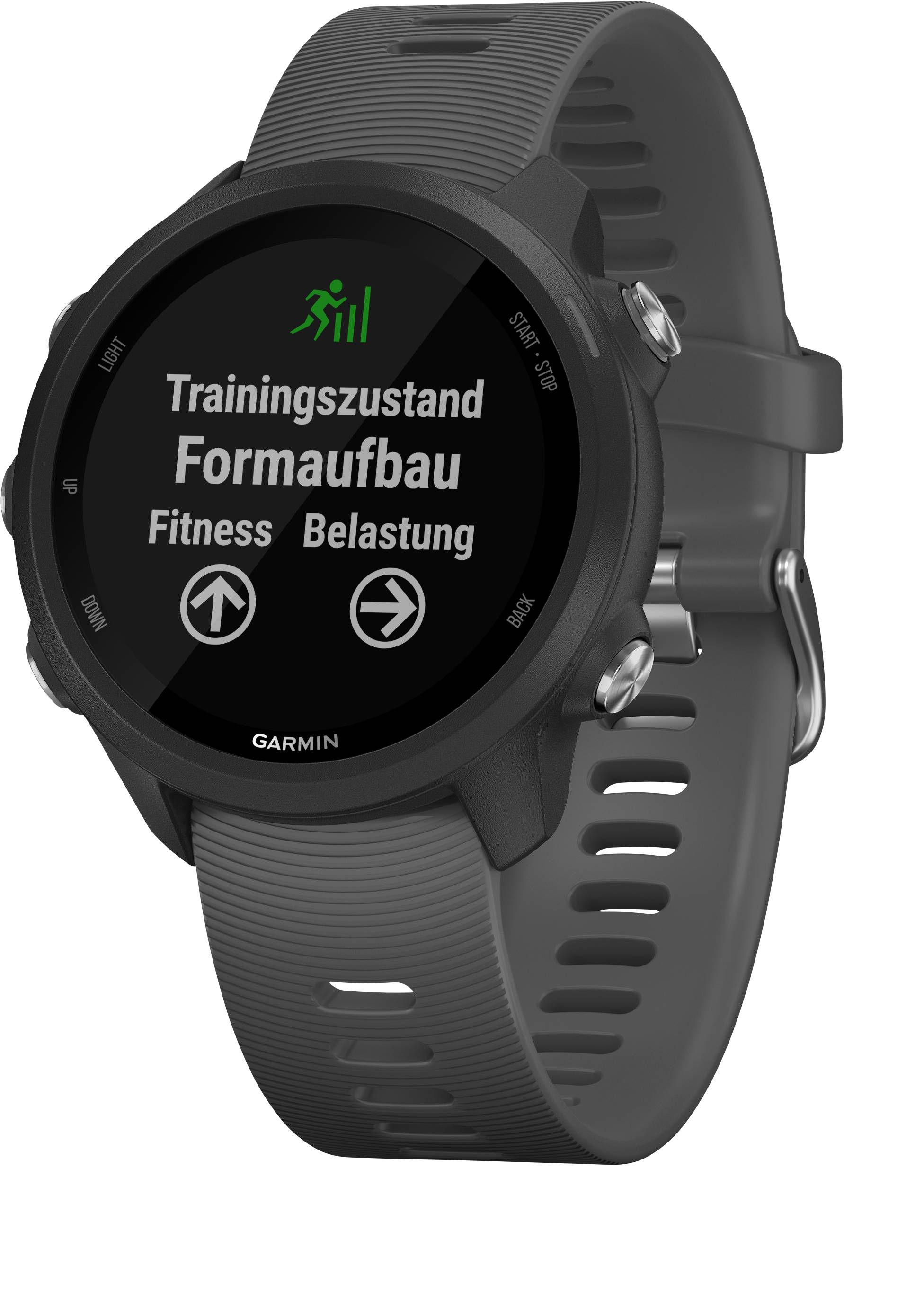 Schwarze GPS-Sportuhr mit rundem Display an grauem Armband. Anzeige: 'Trainingszustand, Formaufbau, Fitness, Belastung'.