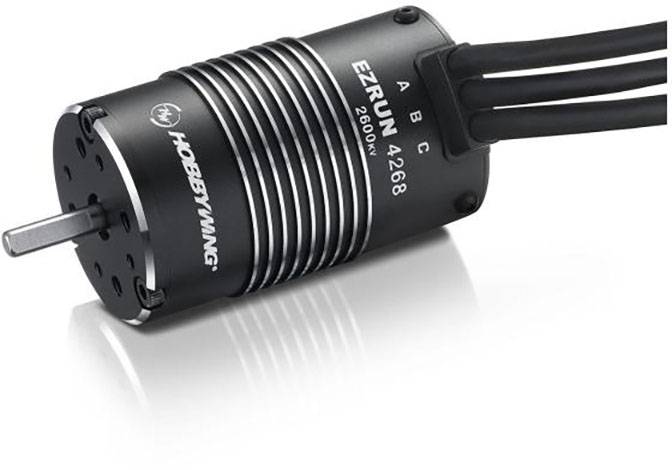 Brushless Elektromotor 'Hobbywing EzRun 4268' mit 2600KV, schwarz, zeigt drei Anschlusskabel und silberne Details.