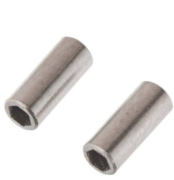 Zwei Metallhülsen mit sechseckiger Öffnung, die parallel zueinander liegen und für technische Verbindungszwecke verwendet werden könnten.