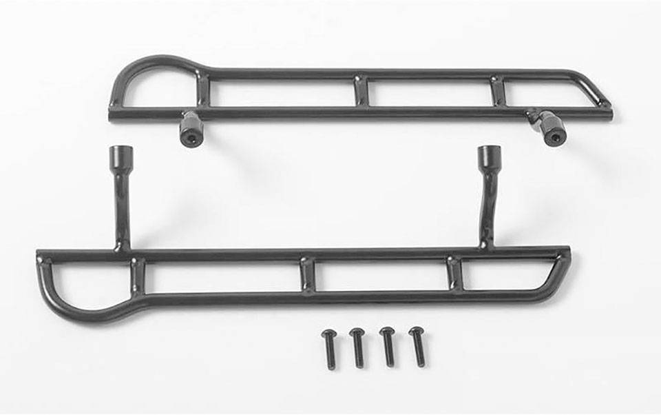 Schwarze Metallrahmenteile mit Halterungen und sechs Schrauben, wahrscheinlich als Teile einer Konstruktion oder Montagevorrichtung.