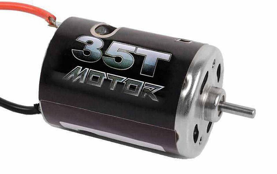 Verchromter Gleichstrommotor mit der Aufschrift '35T Motor' auf der Seite. Frontansicht zeigt Welle und Lüftungsschlitze.