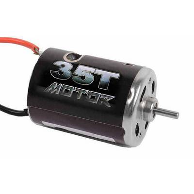 Verchromter Gleichstrommotor mit der Aufschrift '35T Motor' auf der Seite. Frontansicht zeigt Welle und Lüftungsschlitze.