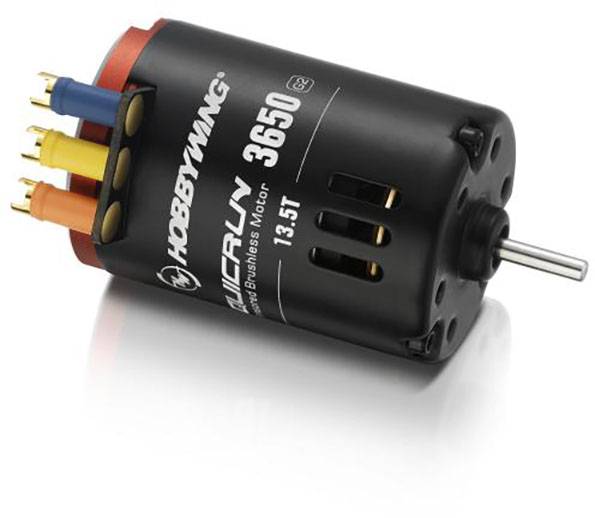 Brushless-Motor für ferngesteuerte Fahrzeuge, schwarz, mit farbcodierten Anschlüssen. Modellnummer: Hobbywing 3650, 13.5T.
