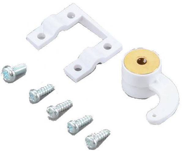 Weiße Kunststoff-Wandhalterung mit rundem Sockel und sechs Schrauben für die Montage.