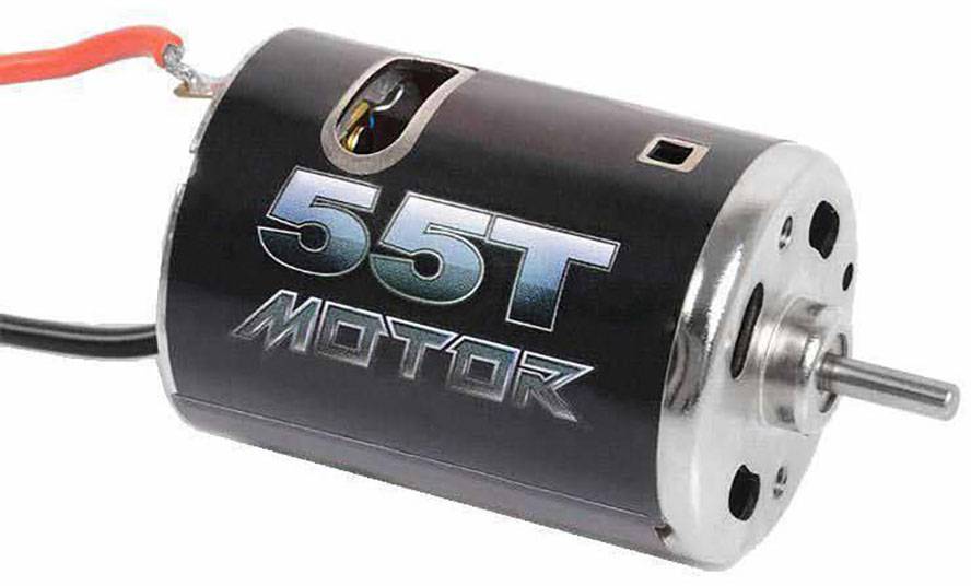 Elektromotor mit der Aufschrift '55T Motor', schwarze Hülle mit silberner Front, geeignet für Modellbau oder technische Anwendungen.