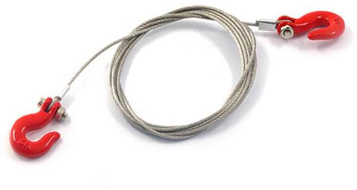 Stahlseil mit zwei roten Haken, geeignet für Abschlepp- oder Hebezwecke.
