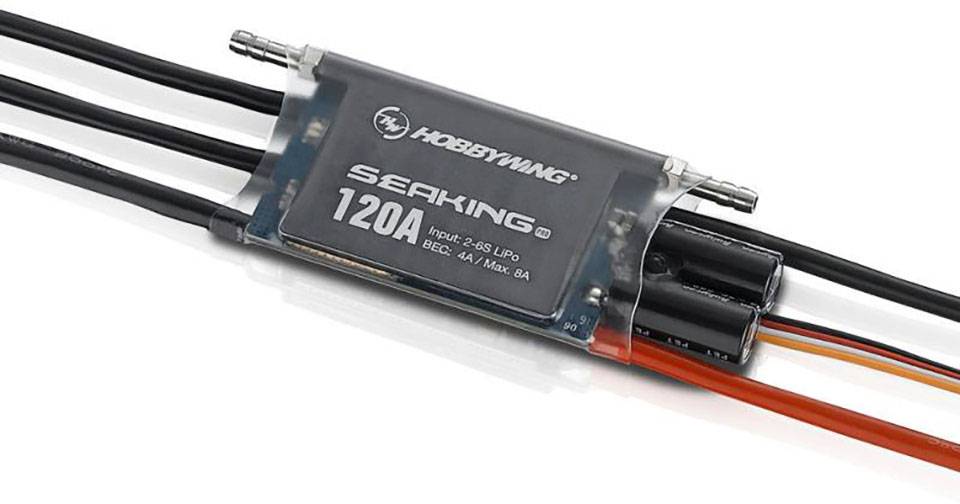 Elektronische Geschwindigkeitsteuerung (ESC) für Modellbauboote von Hobbywing, 120A Kapazität, geeignet für 2-6S LiPo-Batterien.