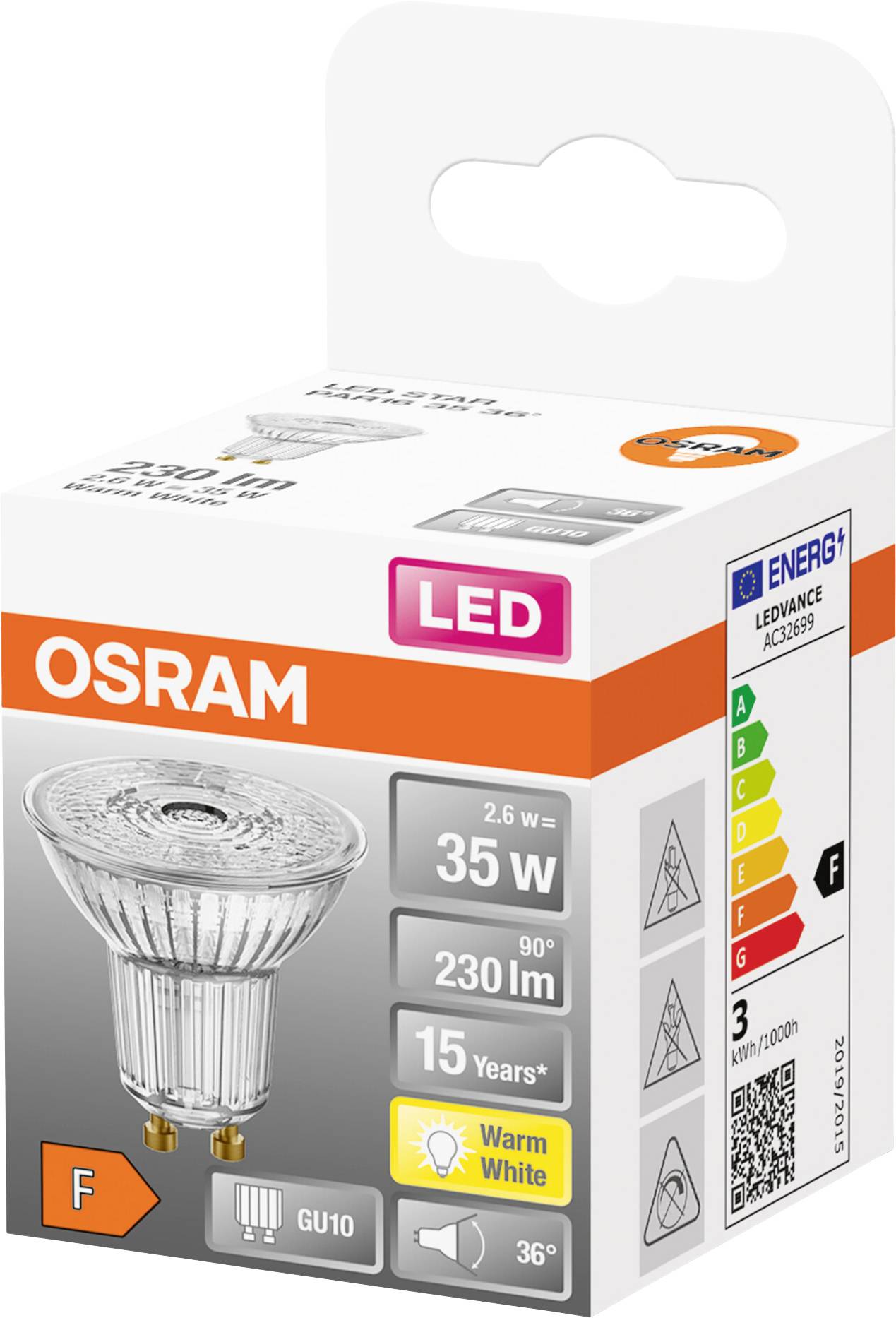 Verpackung einer OSRAM LED-Lampe mit 2,6 W Leistung, 230 lm Helligkeit, warmweißem Licht und Energieeffizienzklasse F.