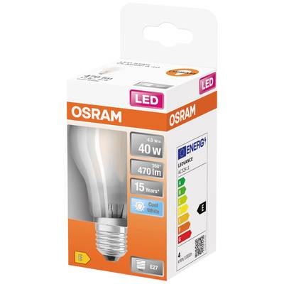Eine OSRAM-LED-Glühbirne mit 40 W Äquivalent, 470 Lumen, 15 Jahre Lebensdauer, kühles Weiß. Effizienzklasse E. Verpackung in Orange und Weiß.