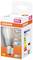 Eine OSRAM-LED-Glühbirne mit 40 W Äquivalent, 470 Lumen, 15 Jahre Lebensdauer, kühles Weiß. Effizienzklasse E. Verpackung in Orange und Weiß.