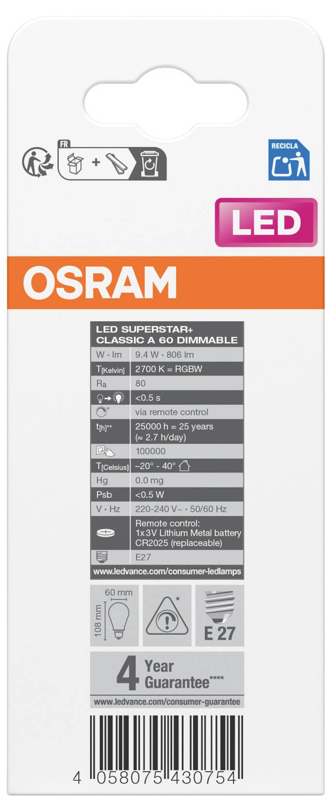 OSRAM LED Superstar Classic A 60 dimmbare Glühbirne, warmweiß 2700K, E27-Sockel, 4 Jahre Garantie.