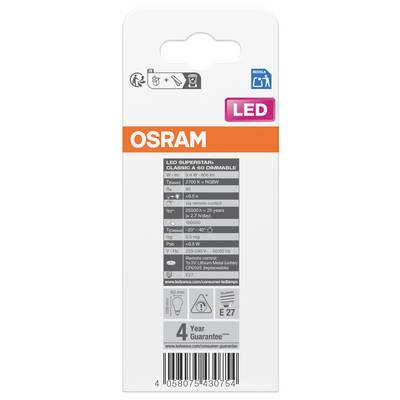 OSRAM LED Superstar Classic A 60 dimmbare Glühbirne, warmweiß 2700K, E27-Sockel, 4 Jahre Garantie.