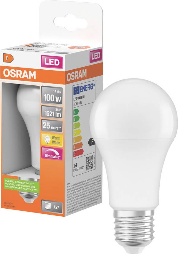 OSRAM HOMELIGHTING 4058075433823 LED EEK F (A - G) E27 Glühlampenform 14 W = 100 W Warmweiß (Ø x H) 60 mm x 118 mm dimmbar 1 St.
