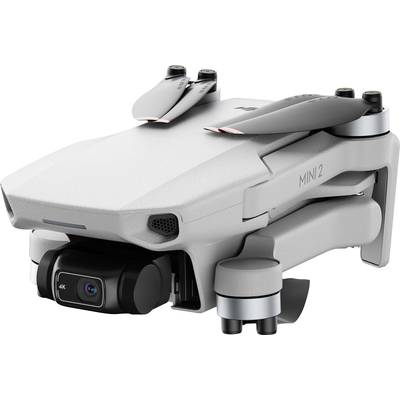 Kompakte, graue Drohne mit 4K-Kamera, zusammengeklappt und startbereit, Modellaufschrift 'Mini 2' sichtbar.
