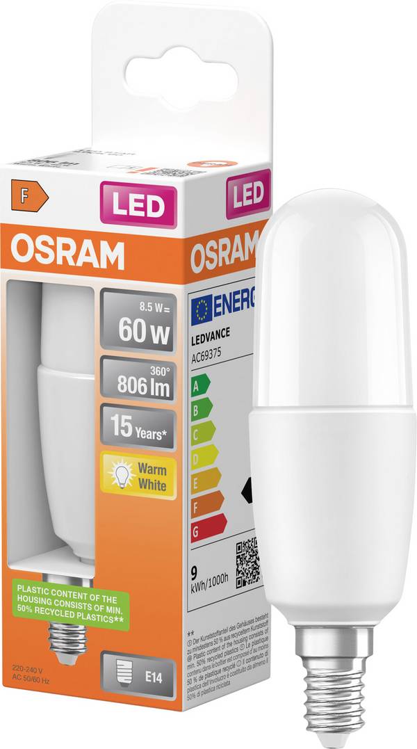 OSRAM HOMELIGHTING 4058075428362 LED EEK F (A - G) E14 Kolbenform 8 W = 60 W Warmweiß (Ø x H) 37.2 mm x 115 mm  1 St.