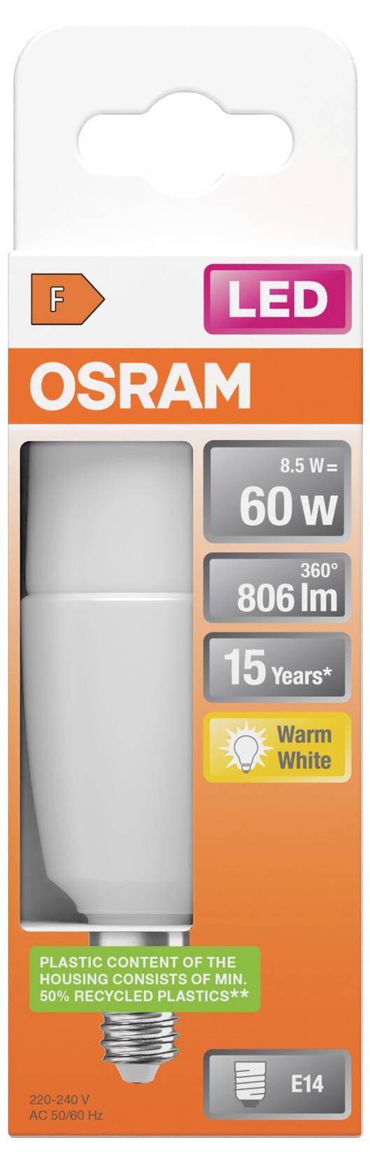 OSRAM LED-Glühbirne, Verpackung, 8,5 W entspricht 60 W, 806 lm, 15 Jahre Lebensdauer, Warmweiß, E14-Fassung.