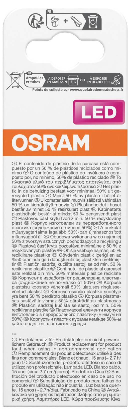 OSRAM LED-Glühbirnenverpackung mit rosa LED-Etikett und dichtem Recycling- und Produktinformationstext.