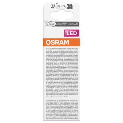 OSRAM LED-Glühbirnenverpackung mit rosa LED-Etikett und dichtem Recycling- und Produktinformationstext.