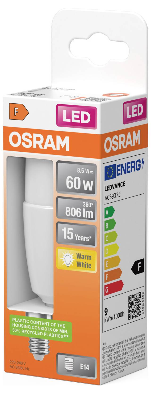 OSRAM LEDVANCE LED-Glühbirne Verpackung, zeigt 60W Äquivalent, 806 lm, warmweiß, E14-Sockel und Energieeffizienzklasse.