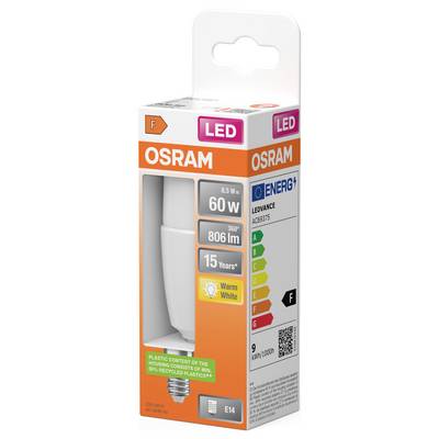 OSRAM LEDVANCE LED-Glühbirne Verpackung, zeigt 60W Äquivalent, 806 lm, warmweiß, E14-Sockel und Energieeffizienzklasse.