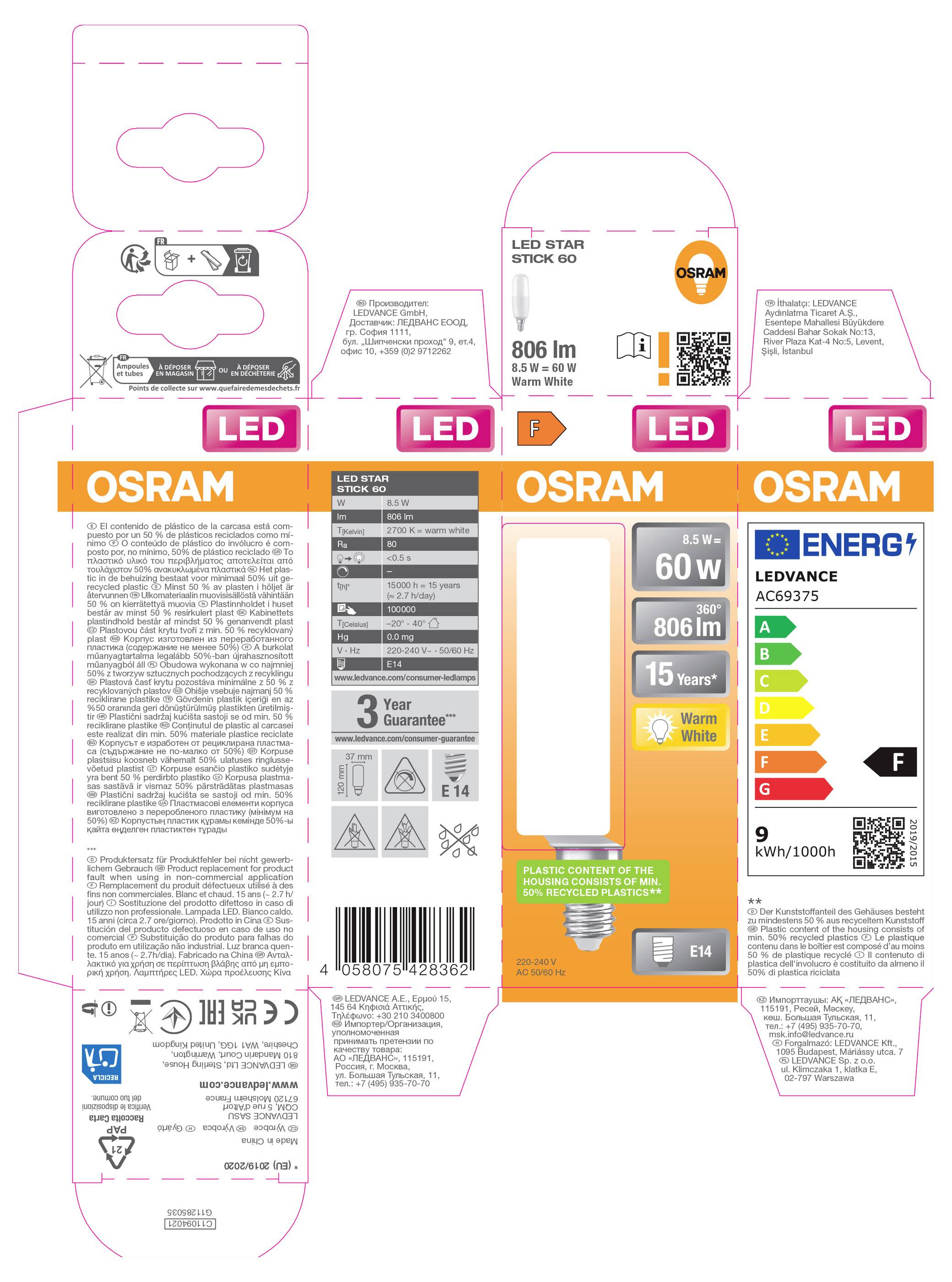 OSRAM LED-Glühbirnenverpackung von mehreren Seiten gezeigt, hervorhebend "LED STAR STICK", 806 lm, 60-W-Äquivalent, 15 Jahre Lebensdauer, warmweiß und Energieklasse F.