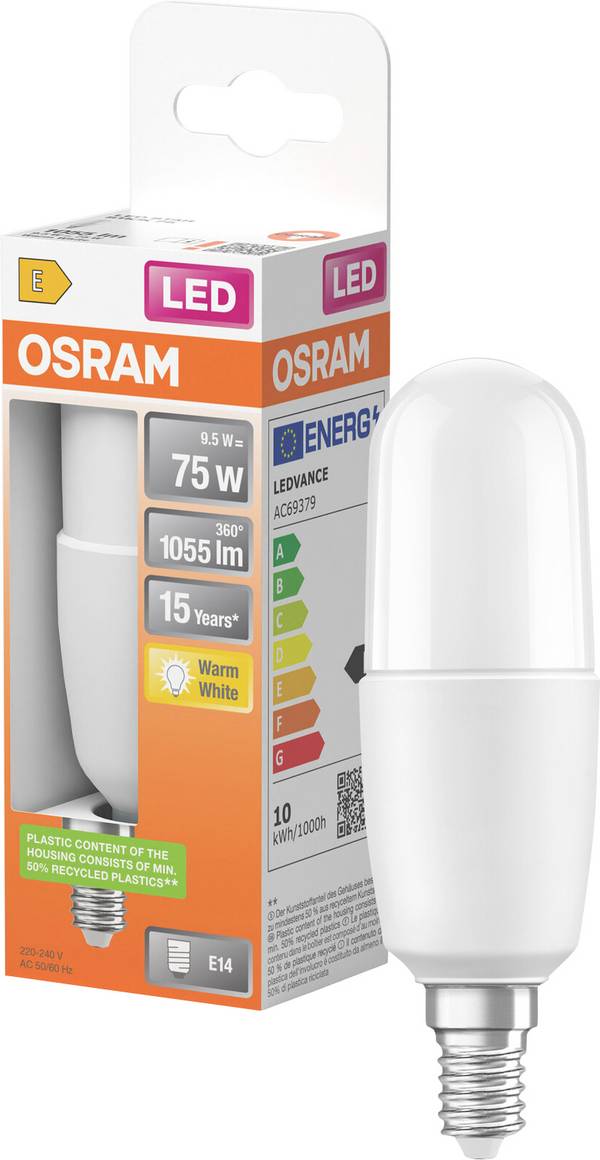 OSRAM HOMELIGHTING 4058075428386 LED EEK E (A - G) E14 Kolbenform 9 W = 75 W Warmweiß (Ø x H) 36 mm x 118 mm  1 St.
