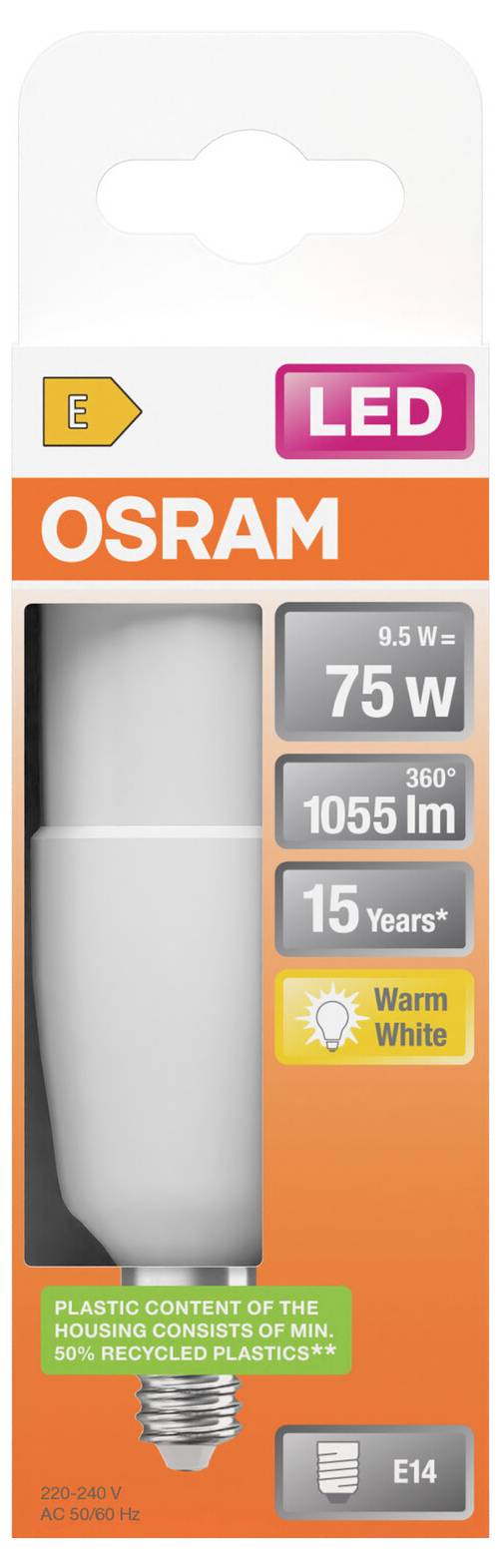 OSRAM LED-Glühbirne mit einer Äquivalenz von 75W, 1055 lm, 15 Jahre Lebensdauer, warmweiß, E14-Sockel und Kunststoffgehäuse mit 50% recycelten Materialien.