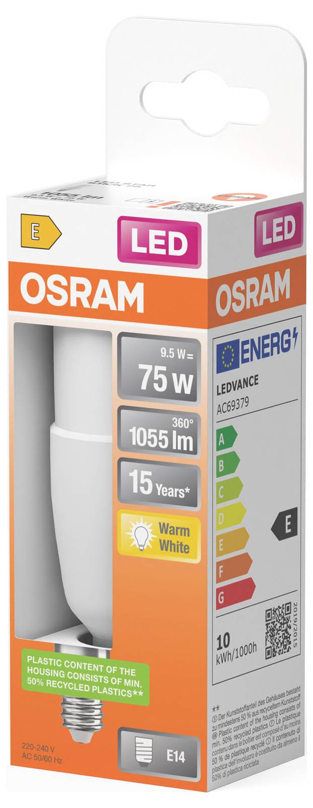 OSRAM LED-Glühbirne in Einzelhandelsverpackung mit E14-Fassung, 9W, 1055 lm, Warmweiß, 15 Jahre Lebensdauer und Energielabel E.