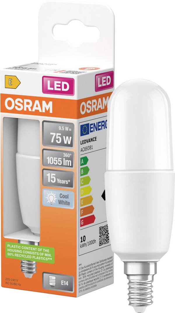 OSRAM HOMELIGHTING 4058075428409 LED EEK E (A - G) E14 Kolbenform 9 W = 75 W Kaltweiß (Ø x H) 36 mm x 118 mm  1 St.