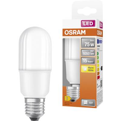 OSRAM LED-Glühbirne mit E27-Fassung neben ihrer Schachtel, gekennzeichnet als 75W-Equivalent, 1050 lm, 15 Jahre, warmweiß.