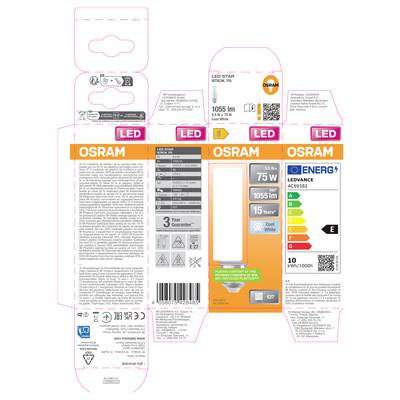 OSRAM LED-Glühbirnen-Verpackungsvorlage mit mehreren Paneelen, die Produktname, 1055 lm, 75 W, Kaltweiß, Energieeffizienzklasse E und technische/Spezifikationstexte zeigen.